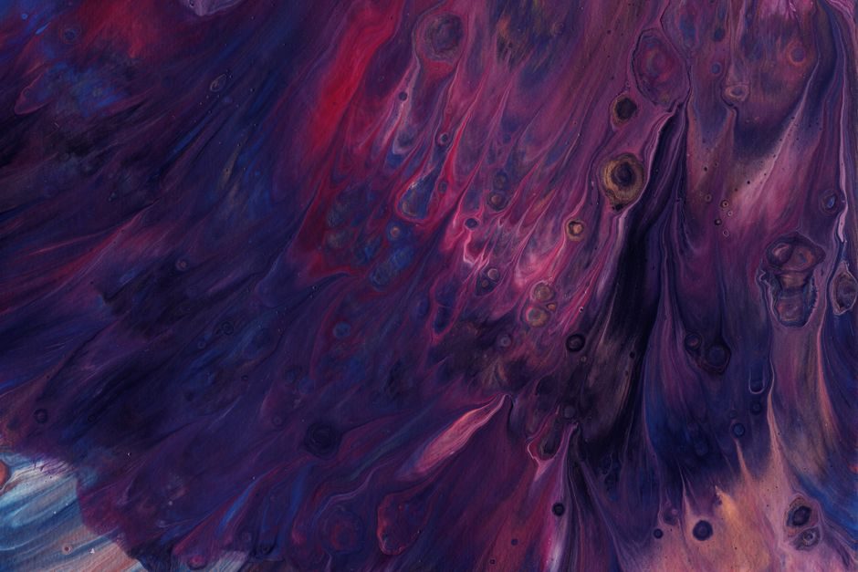 凝夜紫 — A stunning fluid art painting featuring swirling rich purples, reds, and blues creating a cosmic feel.