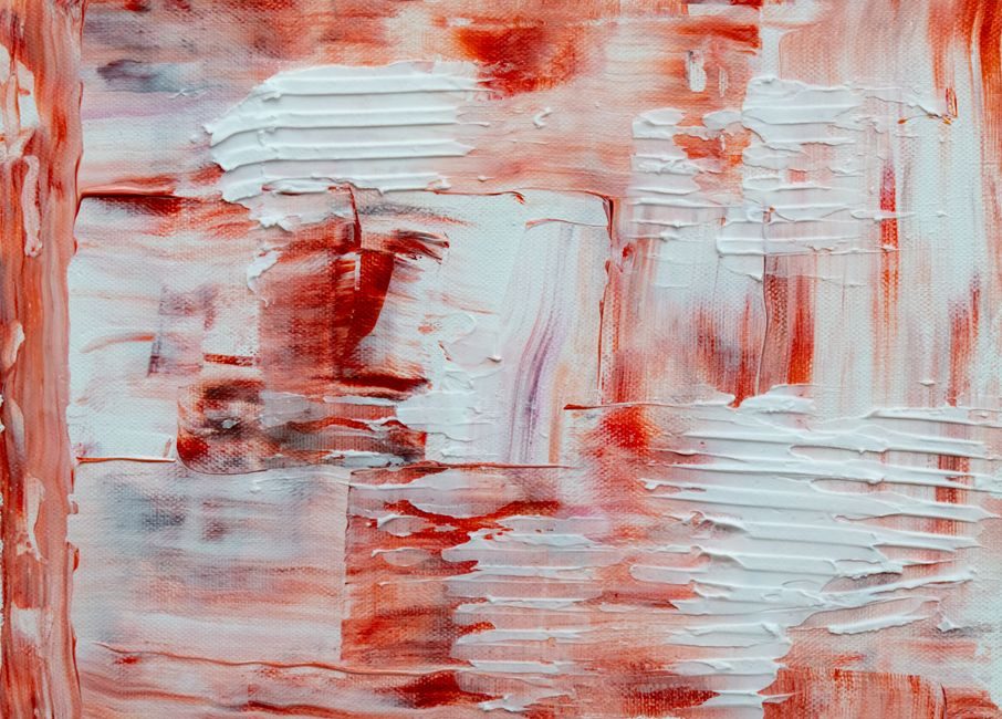 夕岚 — Vibrant abstract painting featuring textured white and red acrylic brushstrokes.