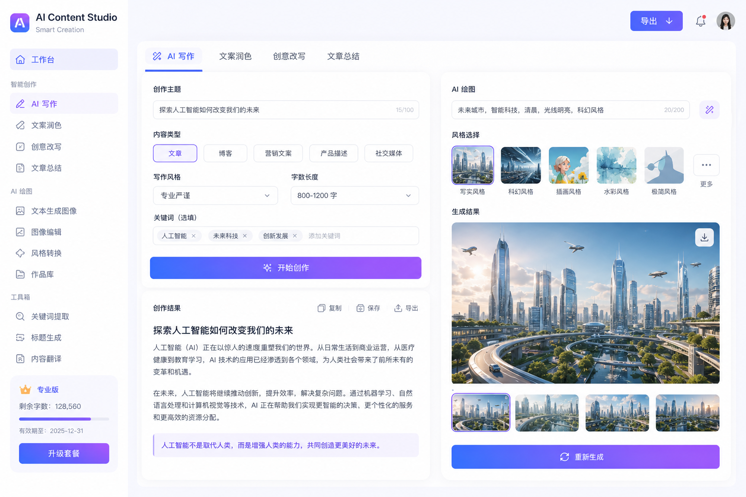 AI content creation platform interface showing automated copywriting and image generation tools