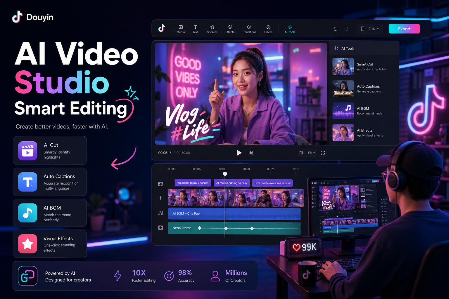 Douyin content creation studio with AI-powered video editing tools and effects