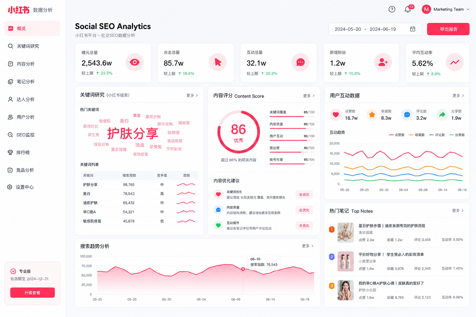 Social media SEO analytics dashboard for Xiaohongshu platform showing content optimization metrics